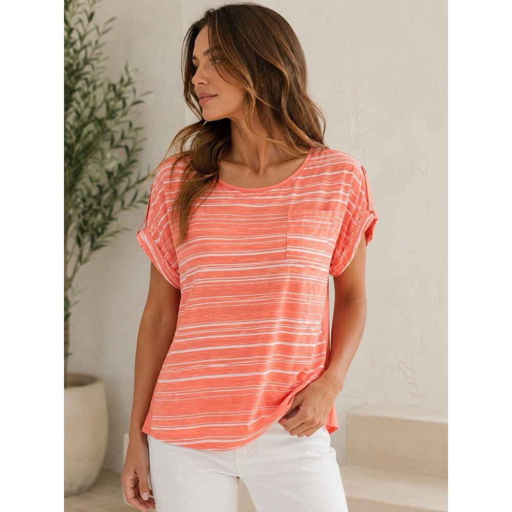 Calvin Klein Coral Stripe Pocket Roll Tab Top Short Sleeve Size L/G